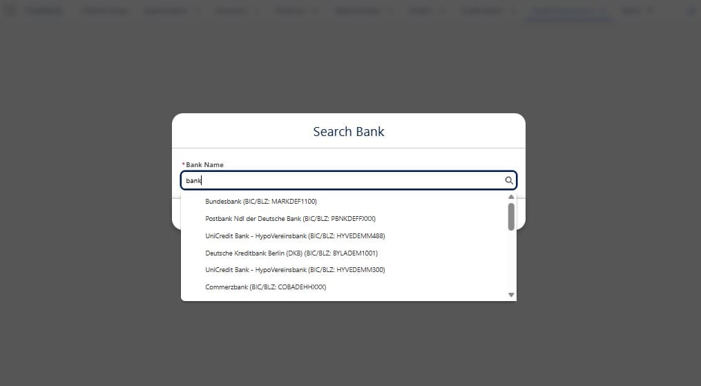 Bank selection step in Finblick’s Payment Account setup
