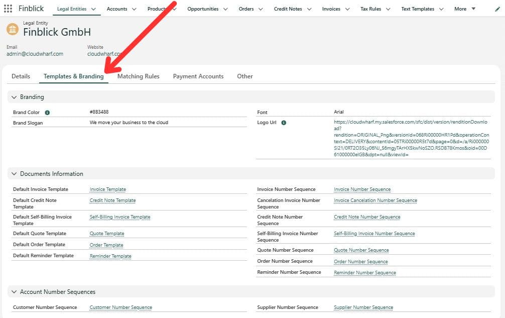 Configuring document branding and default templates in Finblick