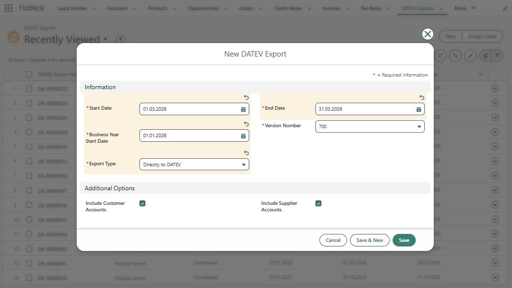 Finblick DATEV export workflow inside Salesforce