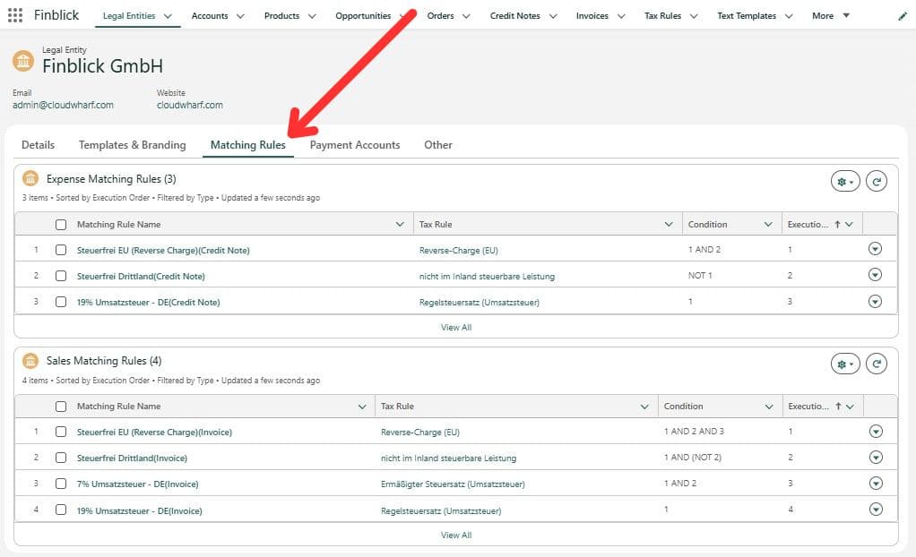 Finblick Matching Rules for assigning tax logic to invoices and credit notes