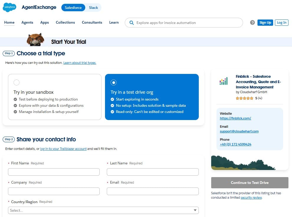 Finblick Test Drive option on the AppExchange listing