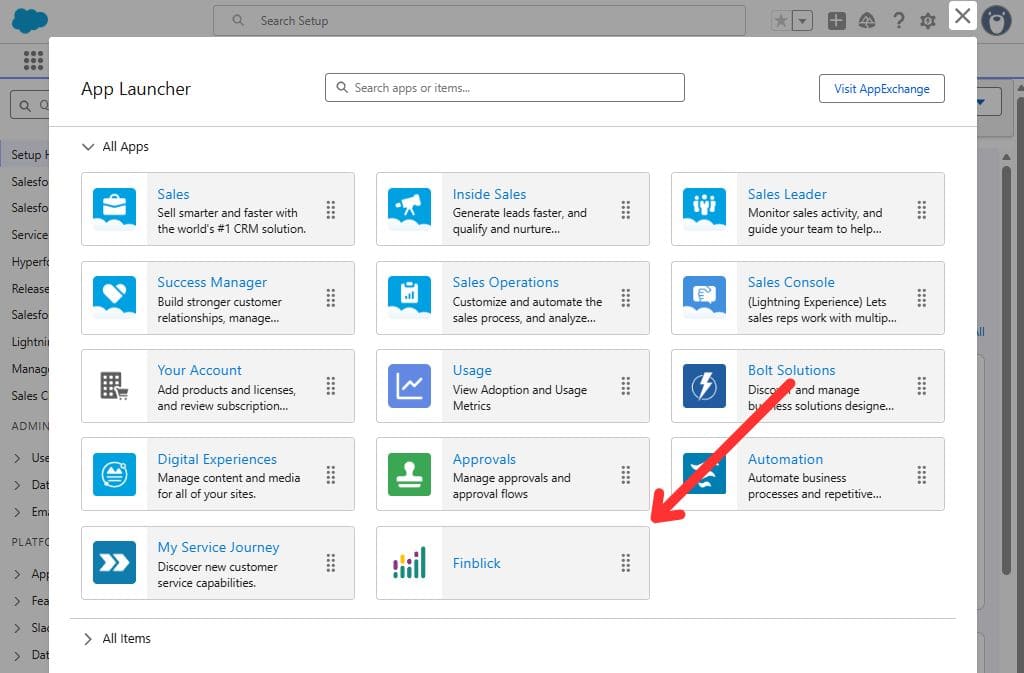 Finblick in the App Menu in Salesforce Org