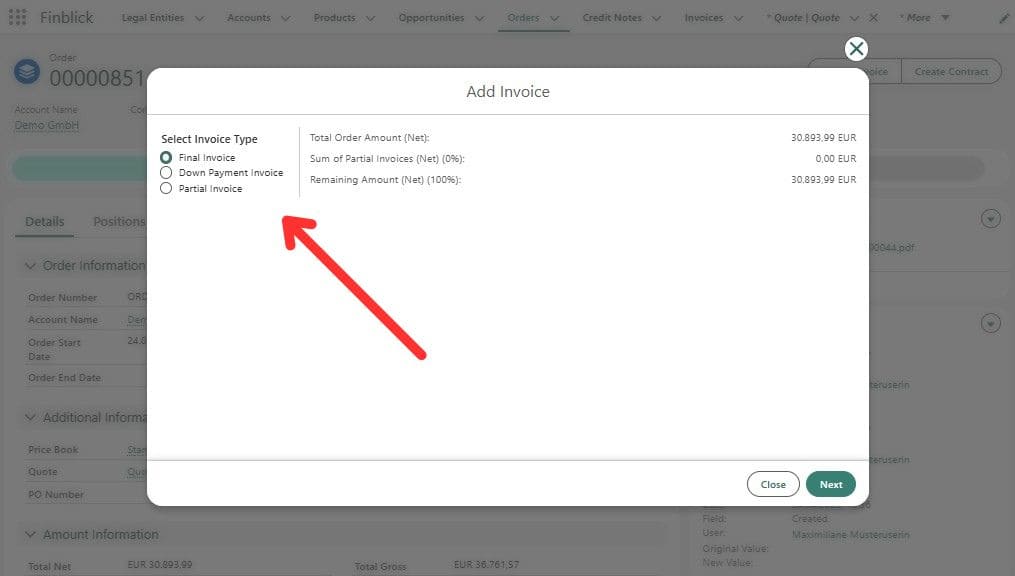 Finblick invoice creation step with final, down payment, and partial invoice options