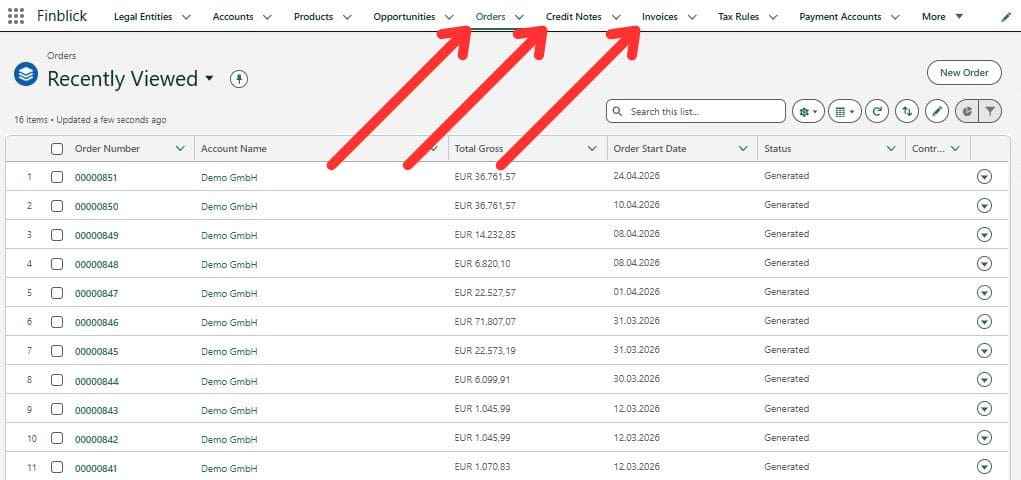 Finblick keeps orders, invoices, and credit notes in one document workflow