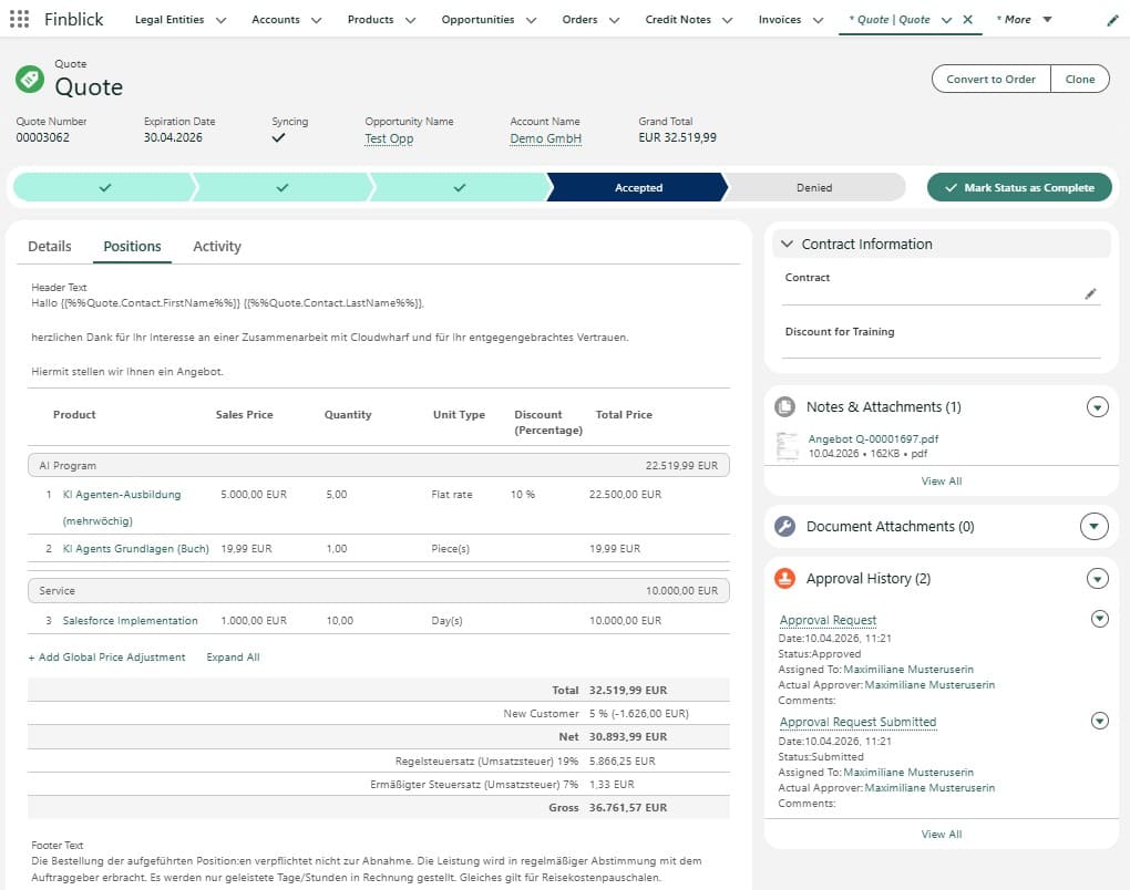 Finblick quote page with product positions, discount logic, attachments, and approval history