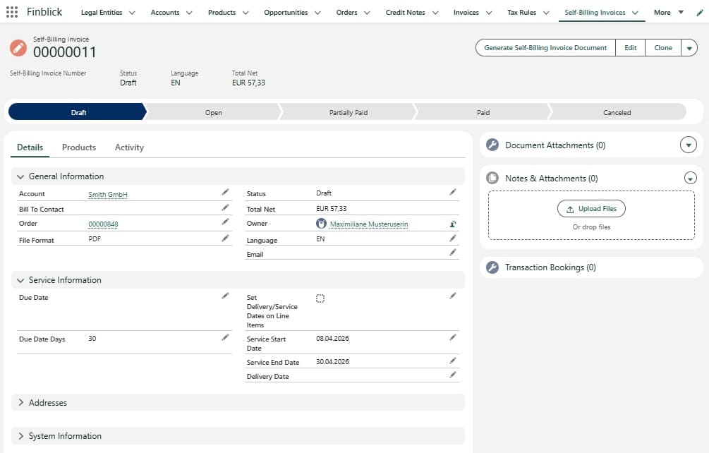 Finblick self-billing invoice screen with document generation and settlement details