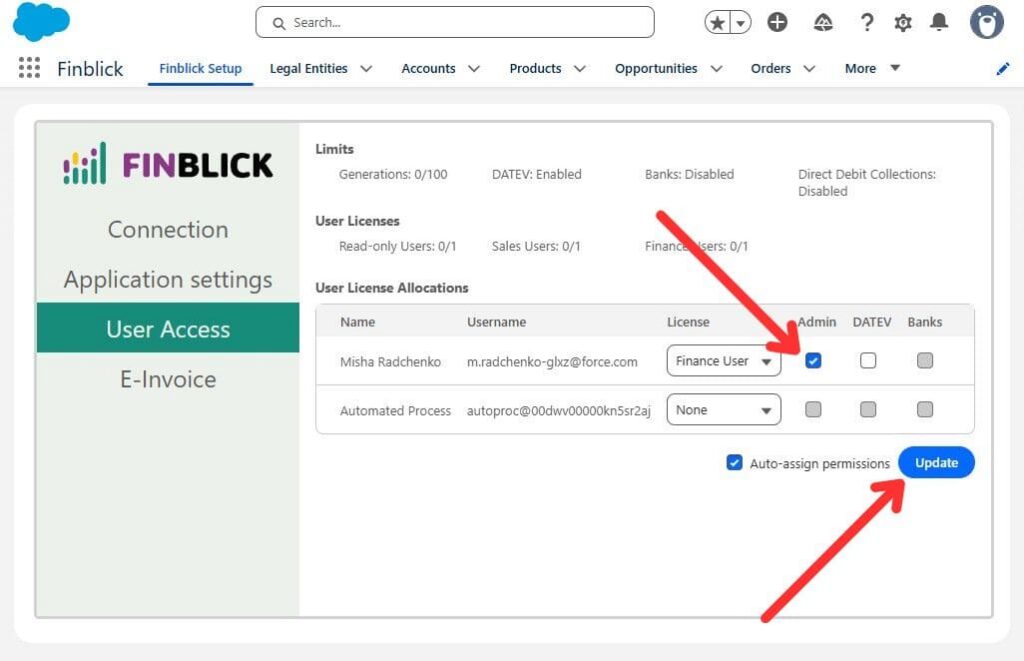 Selecting Finblick Admin access and applying it with the Update button