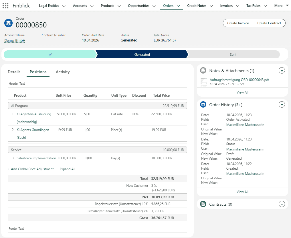 The configured Finblick order interface with positions, totals, attachments, and status tracking
