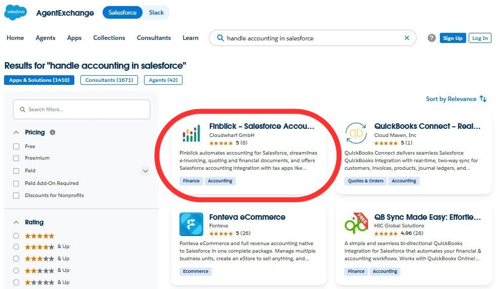 Salesforce AppExchange search results for 'handle accounting in salesforce' with a circled Finblick card among other app cards and a left filter panel visible.