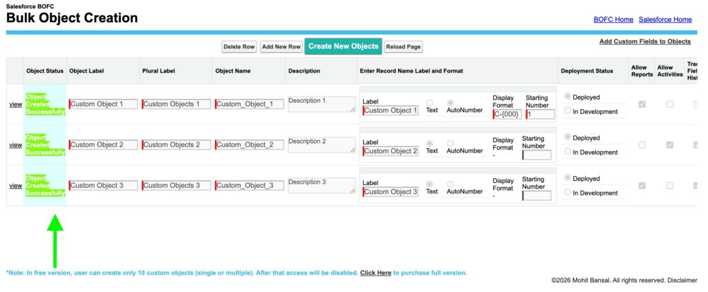 Bulk Object Creation Page After Successful Operation Completion in BOFC