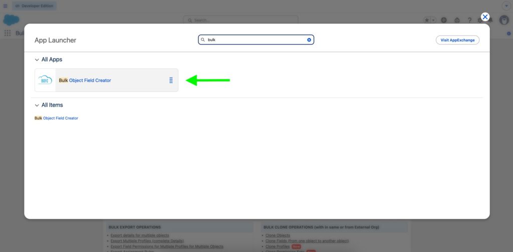 Bulk Object Field Creator Item in App Launcher