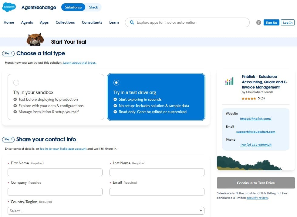 Salesforce Start Your Trial page with two trial options—Sandbox and Test Drive—and a right-side company contact card with a contact form