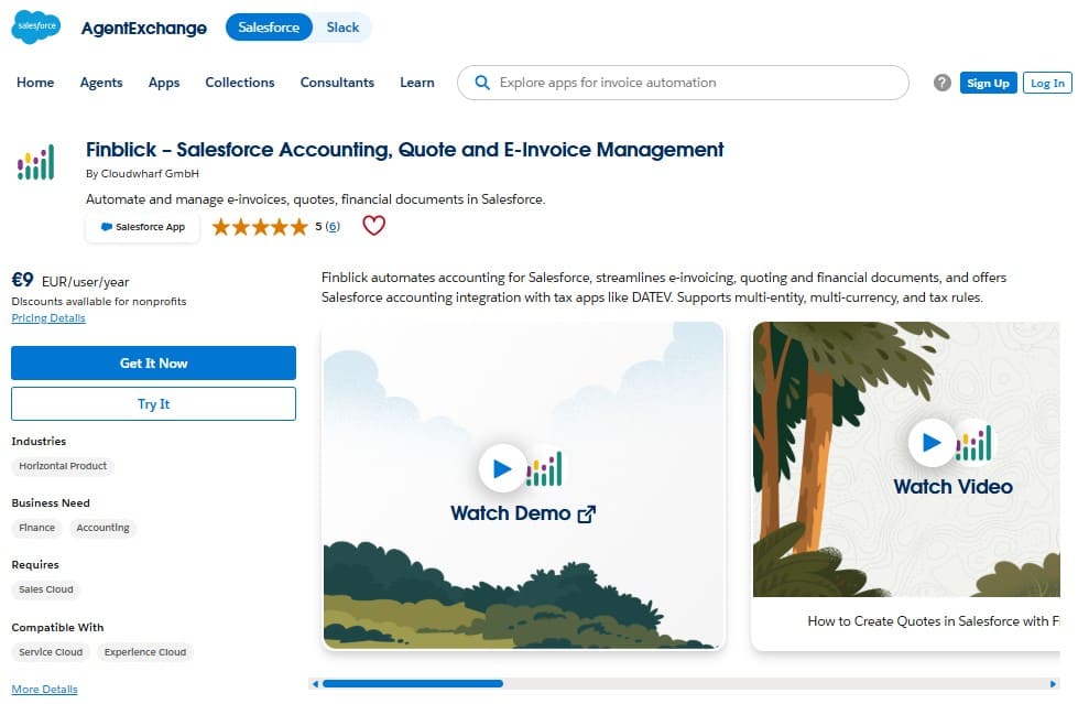 App page for Finblick on Salesforce AppExchange, showing logo, 5-star rating, price, and a 'Watch Demo' video thumbnail.