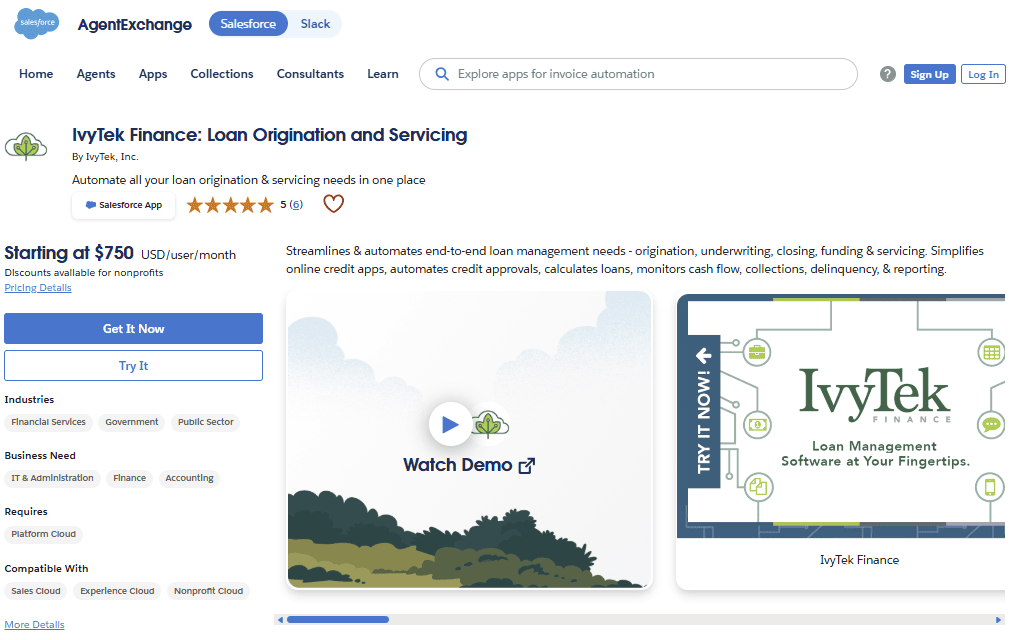 Hero section for IvyTek Finance on AppExchange: Watch Demo card and IvyTek branding.