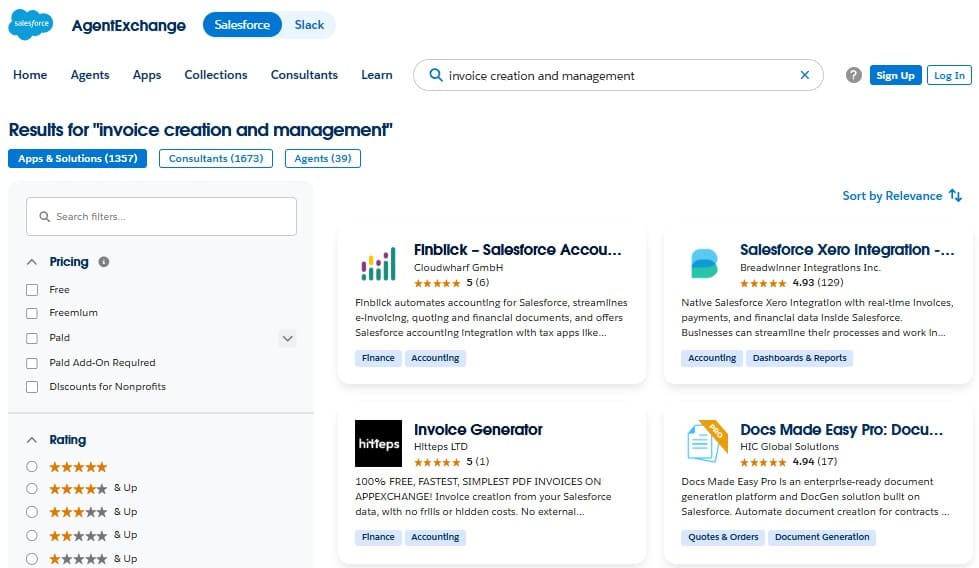 AppExchange search results for invoicing tools for Salesforce
