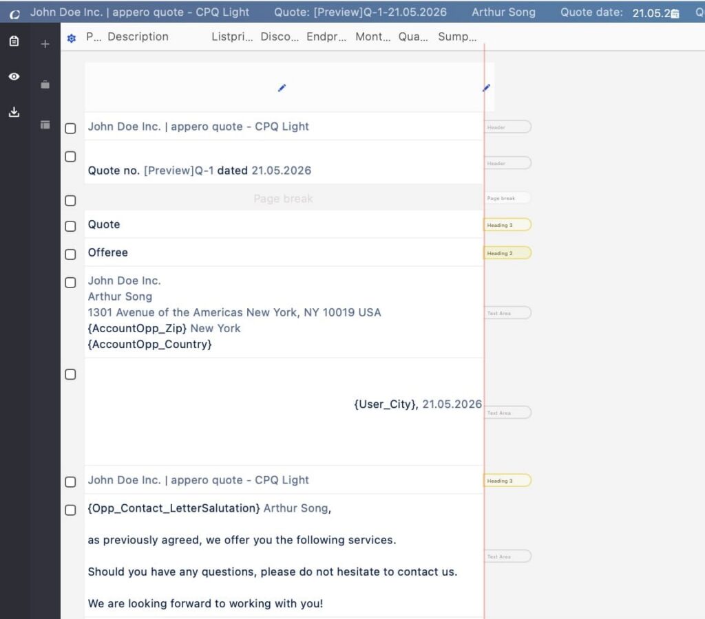 Draft CPQ quote UI for John Doe Inc., showing header, quote line items, and a contact block.