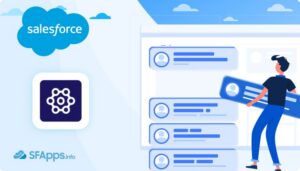 Illustration of a person stacking profile cards on a dashboard with Salesforce cloud logo in the background.