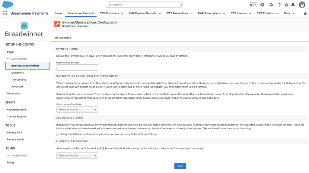 Invoices/Subscriptions Configuration Page