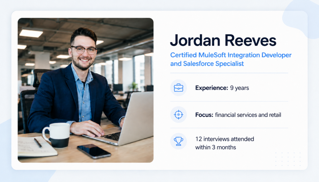 Profile panel: Jordan Reeves with photo on the left and a resume-style summary showing 9 years of experience, focus on financial services and retail, and 12 interviews attended.