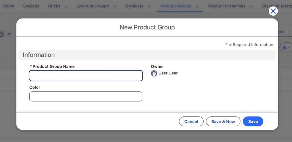 Modal form titled 'New Product Group' with fields for Product Group Name (required) and Color, owner info, and action buttons Cancel, Save & New, Save.