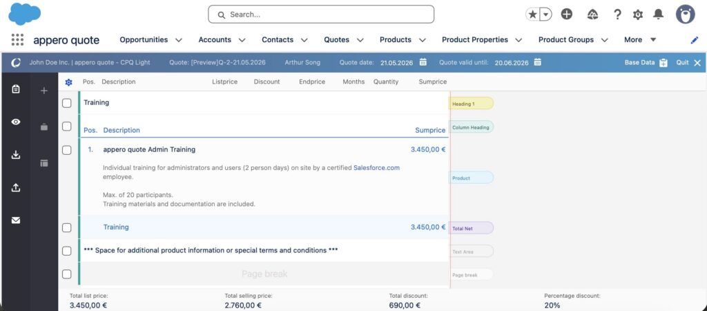 Quote editor UI showing 'Admin Training' line item priced 3.450,00 €, with description and total net at the bottom