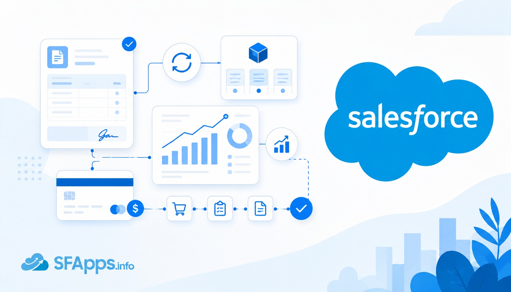 Diagram of a Salesforce data workflow with documents, charts, and icons connected to a blue Salesforce cloud.