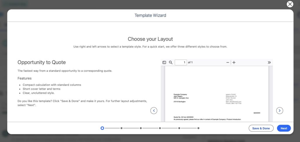 Template Wizard modal titled 'Choose your Layout' with layout options and bottom navigation dots.