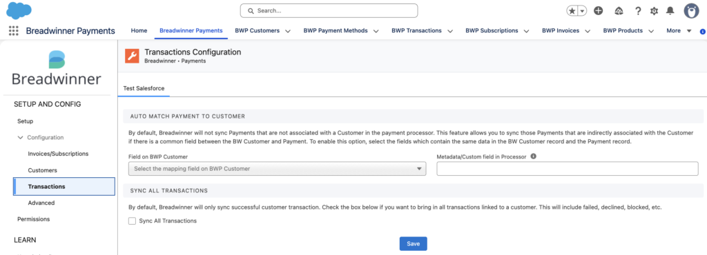 Transaction Configuration Page