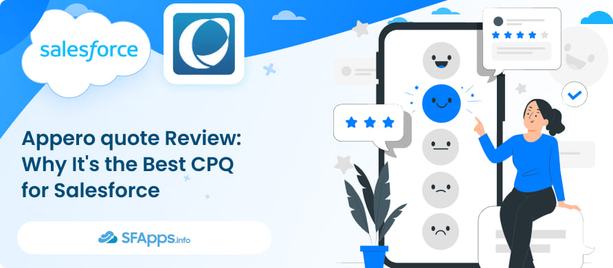 Hero banner for a CPQ article: Salesforce cloud logo, app icon, and a person pointing at a large phone with rating stars.