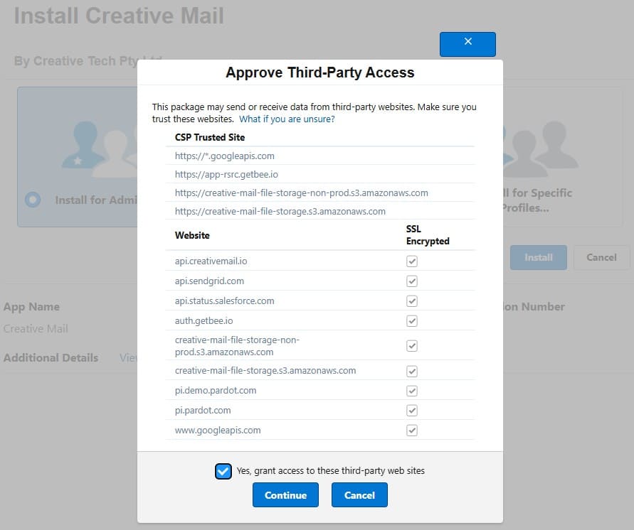 Approving third-party access during the Creative Mail managed package installa