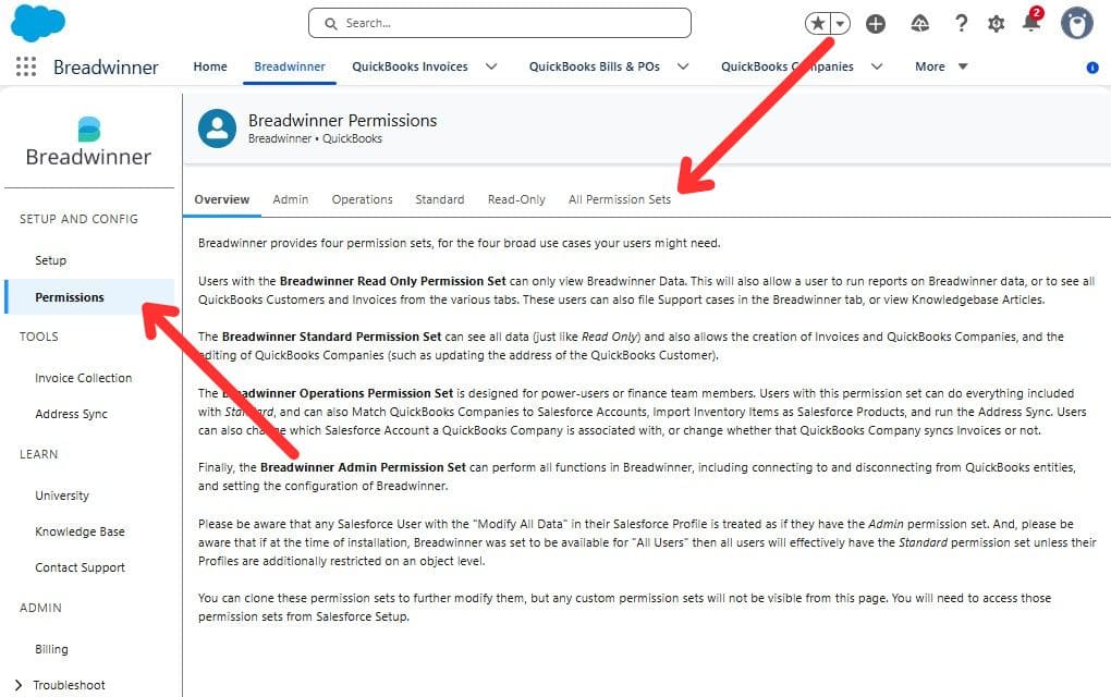 Breadwinner Permissions reference page