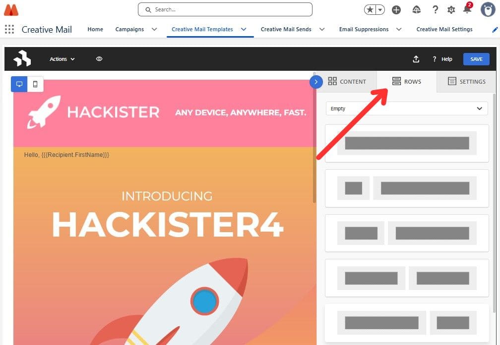 Choosing layout rows in the Creative Mail builder before adding content b
