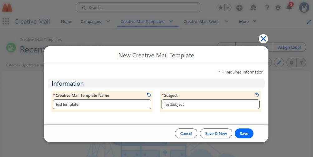 Creating a new email template from the Creative Mail Templates tab