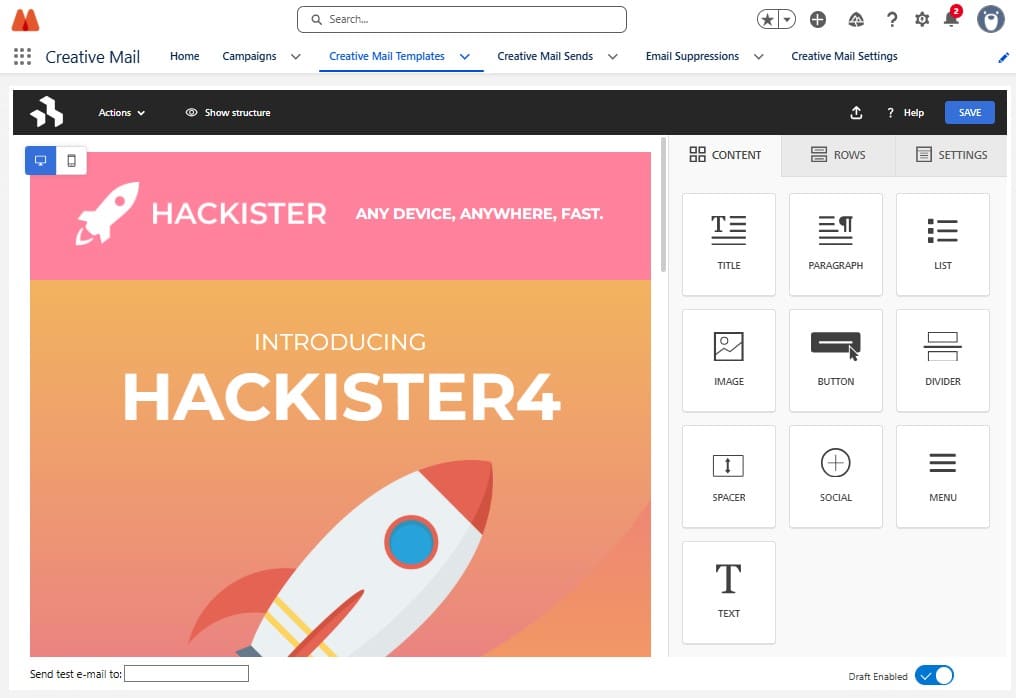 Creative Mail Builder with canvas, content blocks, rows, and settings pan