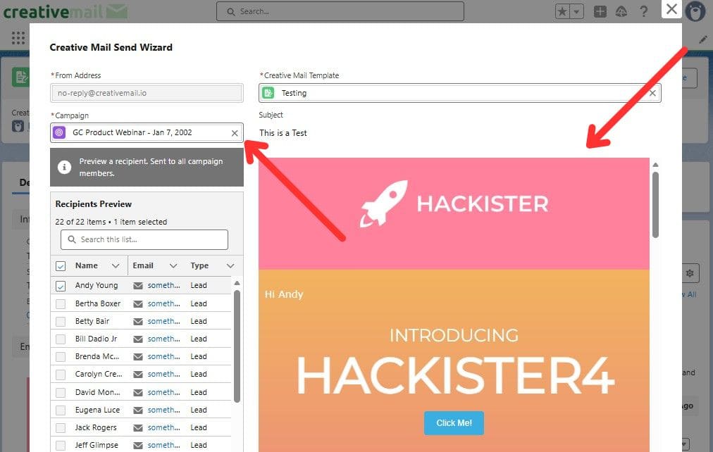 Creative Mail Send Wizard showing Campaign selection and email preview