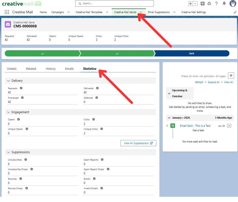 Creative Mail Send record showing delivery, engagement, and suppression s