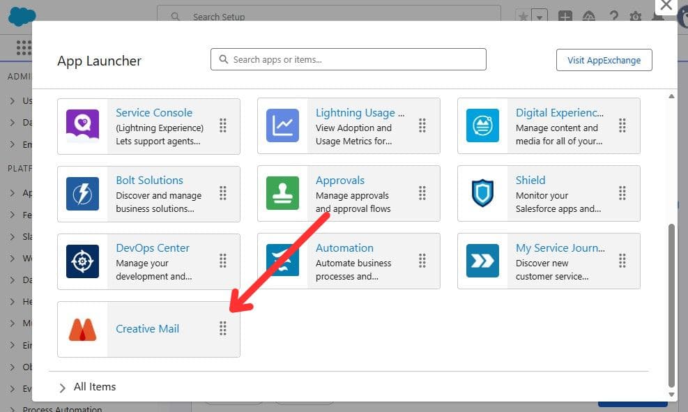 Salesforce App Launcher window showing app tiles; Creative Mail tile in bottom-left.