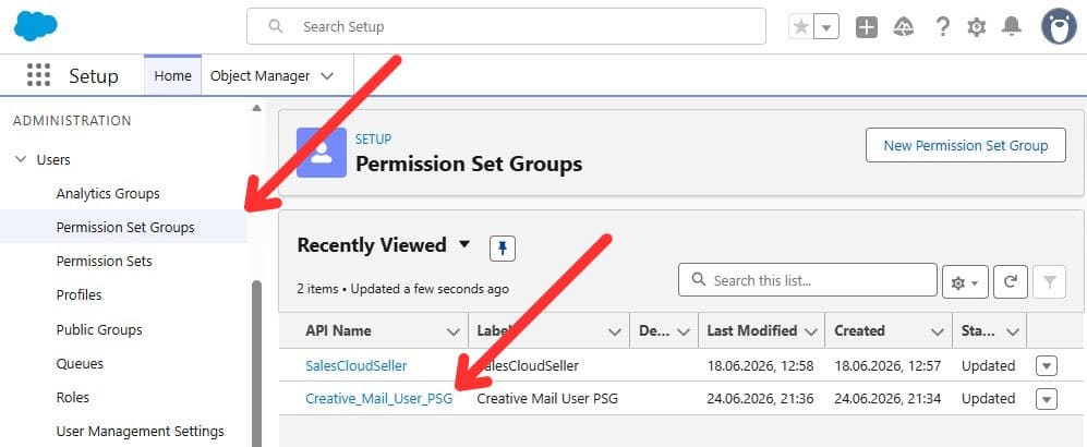 Creative Mail permission set group in Salesforce Setup