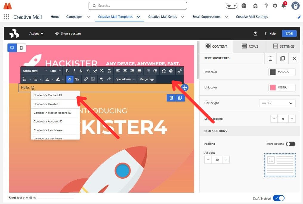 Creative Mail text editor toolbar with Contact merge fields available
