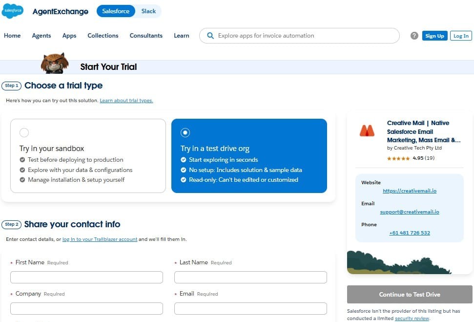 Creative Mail trial page with Sandbox and Test Drive options on AppExch_