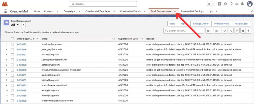 Email Suppressions tab with unsubscribed, bounced, or blocked recipients