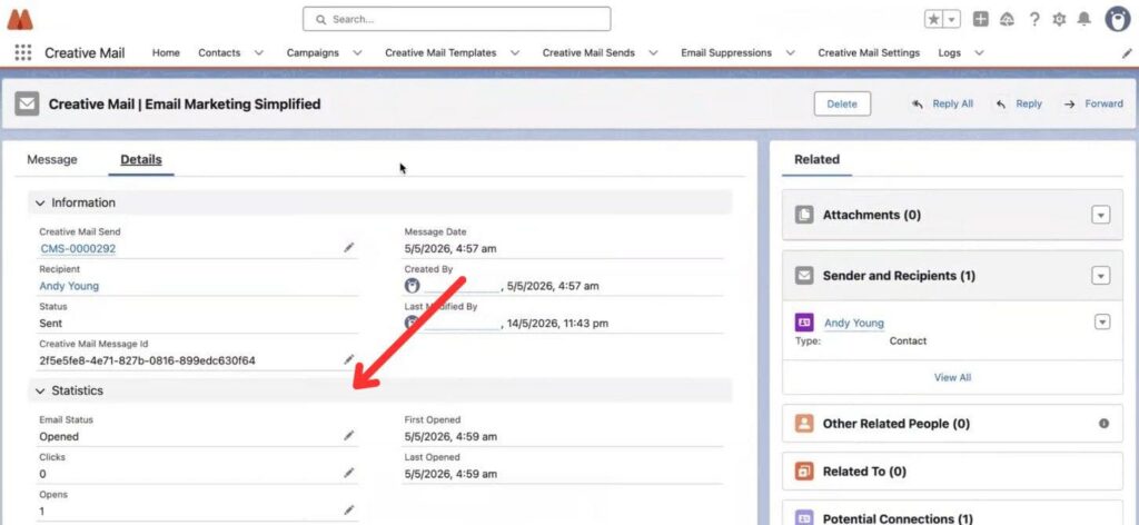 Individual email message record with Creative Mail send statistics in Sal