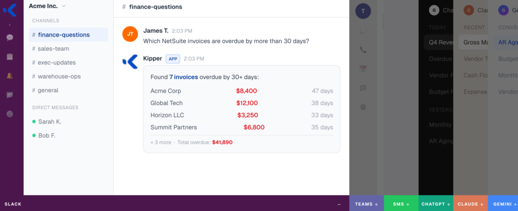 Example of financial questions asked in Slack