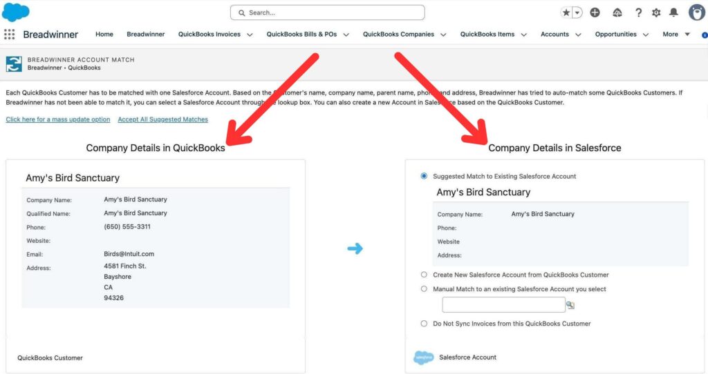 Two side-by-side panels compare company details: QuickBooks (left) vs Salesforce (right) for Amy's Bird Sanctuary, showing a suggested match between accounts.