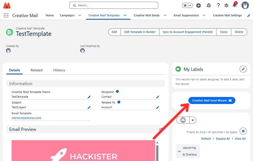 Opening the Creative Mail Send Wizard from the template record page