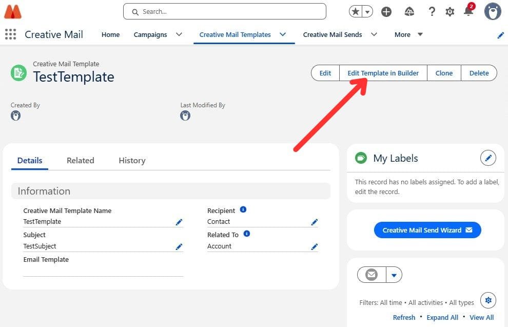 Opening the Creative Mail builder from the template record page