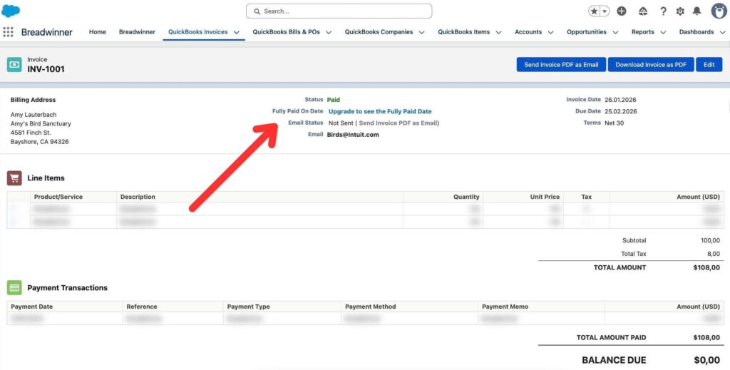 QuickBooks invoice in Salesforce with payment status