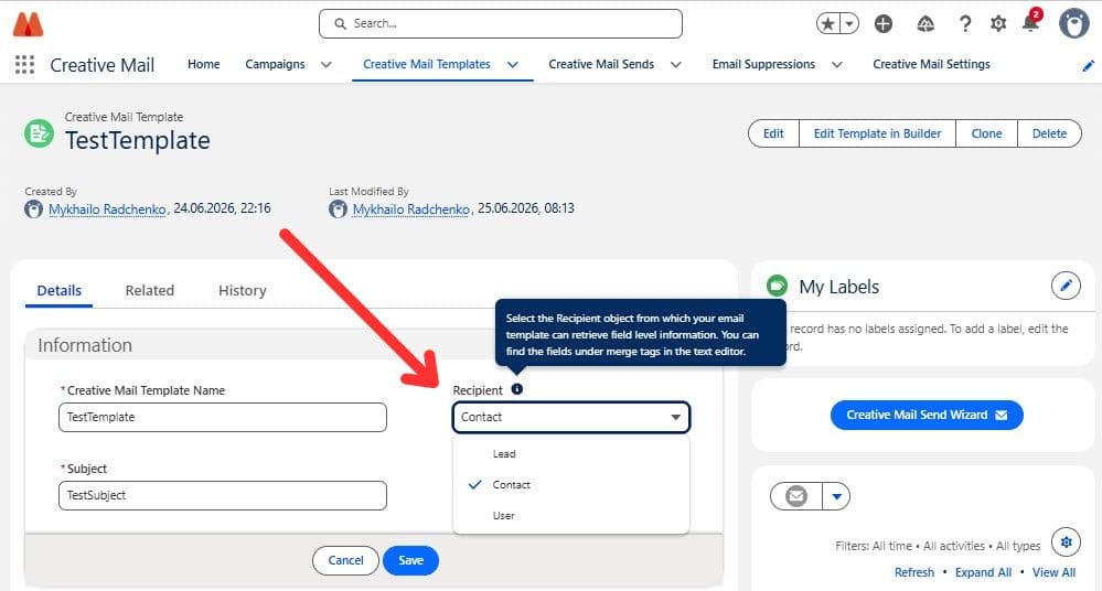 Selecting the recipient type for a Creative Mail Template