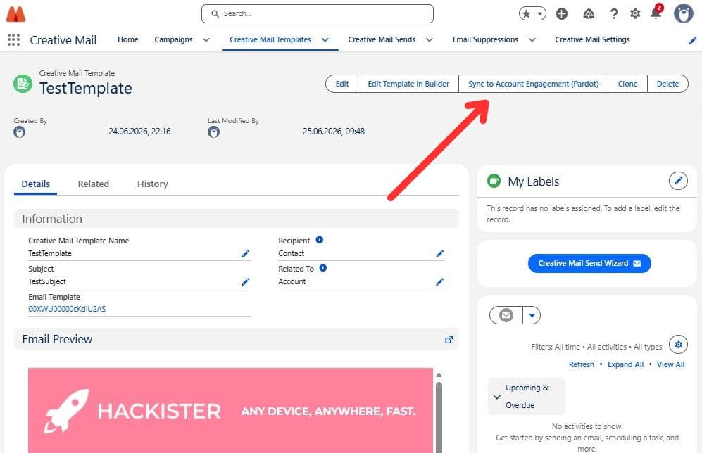 Syncing a Creative Mail Template to Account Engagement from the template recor