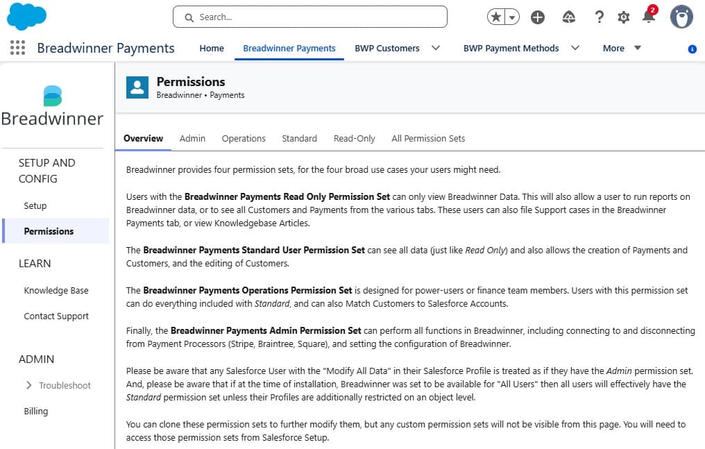 Example of Breadwinner Payments permission sets for controlling different levels of ac